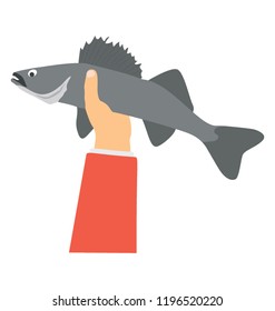 
Hand holding raw fish presenting fish catching icon concept 
