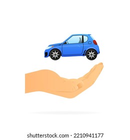 Mano sosteniendo un mini auto azul realista. Vista lateral. Ilustración vectorial.