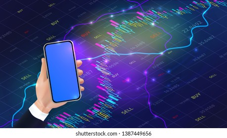 Hand holding realistic smartphone mockup with blank screen on abstract isometric background, forex trading chart, sell and buy indicators. Stock market data analytics. Futuristic Vector illustration