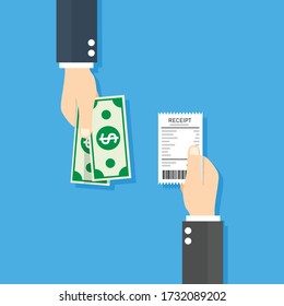 Hand holding receipt and hand holding banknote. Finance and payment concept. vector illustration in flat design. isolated on blue background. top view. Exchange of bills with cash.