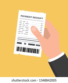 Hand holding receipt blank. Vector illustration paper financial check. Receipt icon