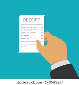 Hand holding Receipt. Businessman hold receipt bill paper flat design on blue background. Banking operations, Business and finance concept. Vector illustration in flat style. EPS 10.