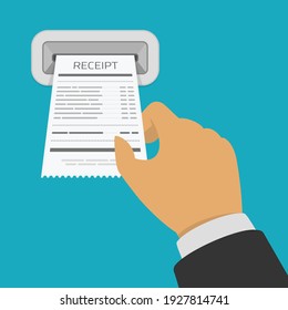Hand holding Receipt. Businessman holds receipt, bill paper, flat design on blue background. Banking operations, Business and finance concept. Vector illustration in flat style. EPS 10.