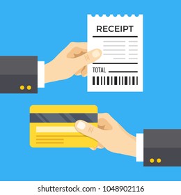Hand holding receipt and hand holding credit card. Cashless payment concept. Flat design vector illustration isolated on blue background