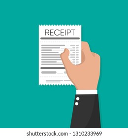 Hand holding receipt flat icon, on blue background,vector illustration