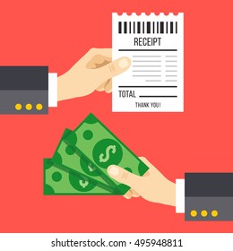 Hand holding receipt and hand holding money. Pay a bill with cash graphic concept. Flat design vector illustration isolated on red background