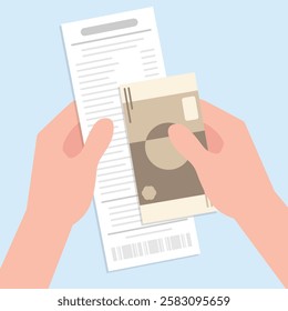 Hand holding receipt paper while another hand holding banknotes.