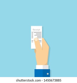 Hand holding receipt. Vector illustration in flat style