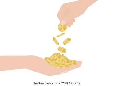 Hand Holding and Receiving Coins with Other's Hand Giving Coins on White Background. Vector Illustration. Growing Money, Saving, Donation or Investment Concept. 