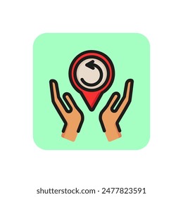 Icono de línea de puntero de mapa de reciclaje sostenida a mano. Reciclar ubicación, actualizar, Restablecer. Concepto de reciclaje. Se puede utilizar para temas como ecología, medio ambiente, cartografía