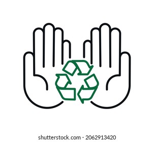 Hand holding recycle symbol. Editable vector of recycling concept.
