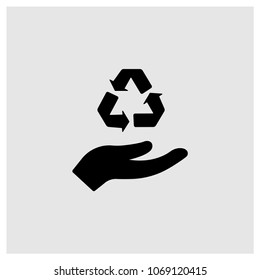 Hand holding up recycling mark icon in trendy flat style isolated on grey background, modern symbol vector illustration for web