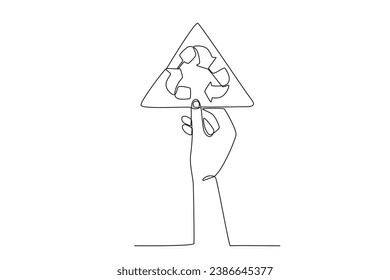 A hand holding a recycling symbol. World enviromental education day one-line drawing