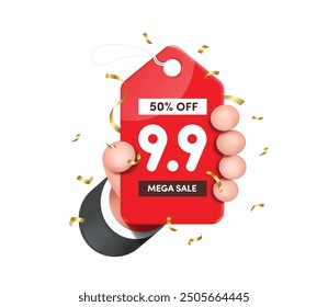 hand is holding a red 9.9 mega sale promotion tag label, and around it are golden ribbons floating in air to celebrate the The ninth day of the ninth month campaign, vector 3d isolated for advertising