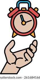 A hand holding a red alarm clock with the time of 10:30. The clock is set to go off at 10:30