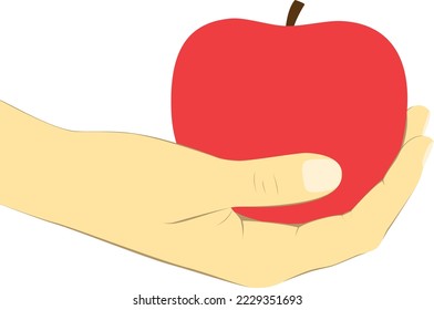 Hand holding red apple in vector graphic