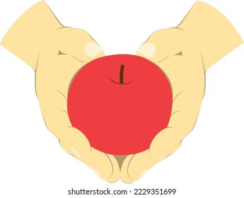 Hand holding red apple in vector graphic