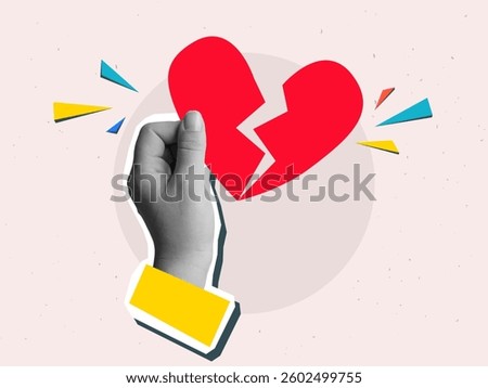 Hand holding a red broken heart. Modern collage style. Vector illustration