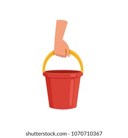 Hand holding red bucket, human hand with tool for cleaning, housework concept vector Illustration on a white background