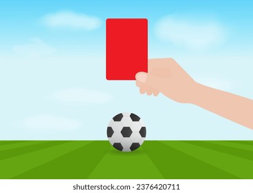 Hand Holding Red Card in Football Stadium. Vector Illustration. 