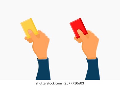 Hand holding red card and yellow card for football match. Sport match themed vector illustration, designed in simple flat cartoon style isolated on white background.