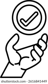 A hand holding a red circle with a check mark in the middle