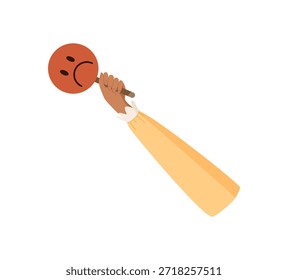 Hand holding a red circle with a negative feedback icon. Downturned face symbol represents customer opinion. Cartoon element isolated for review, survey, or business evaluation concepts.