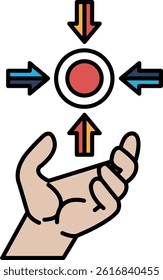 A hand is holding a red circle with three arrows pointing in different directions. Concept of balance and harmony, as the hand is reaching out to hold the circle, which is surrounded by the arrows