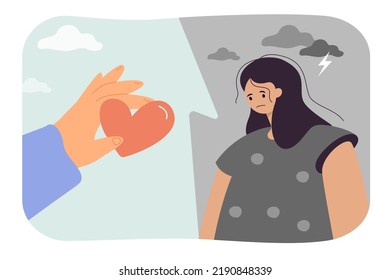 Hand Holding Red Comic Heart And Sad Woman. Unhappy Girl Going Through Breakup, Bad Relationship Flat Vector Illustration. Separation, Divorce, Love Concept For Banner, Website Design Or Landing