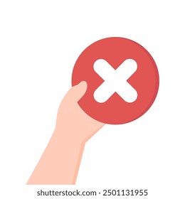 Hand holding red cross symbol. Opportunity, choice, wrong decision, fail, negative, vote, problem concept. Flat character vector design isolated illustration.