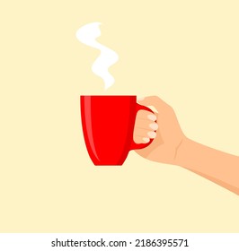 A hand holding a red cup with a hot drink. Flat vector illustration