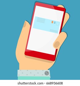 Hand holding red device with massage flat style illustration 