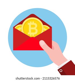 Hand holding red envelope, chinese new year 2022 with bitcoin inside, Gift delivery concept with cryptocurrencies.  illustration vector