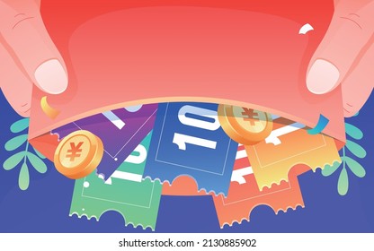 Hand holding red envelope full of coupons and gold coins, vector illustration