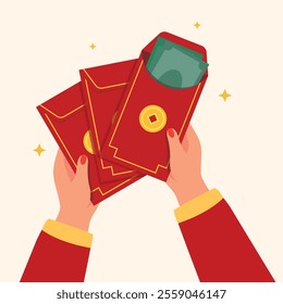 Hand holding red envelope with money. Collection for Chinese new year celebration.
