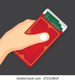 Hand holding red envelope vector for Chinese New Year Celebration.