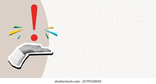 A hand holding a red exclamation point, place for text. Modern photo collage style. Vector illustration