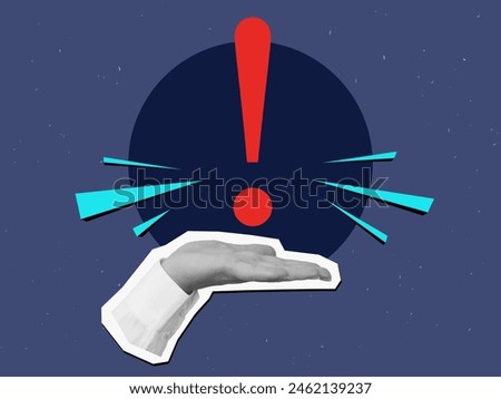 A hand holding a red exclamation point. Vector illustration in a modern collage style