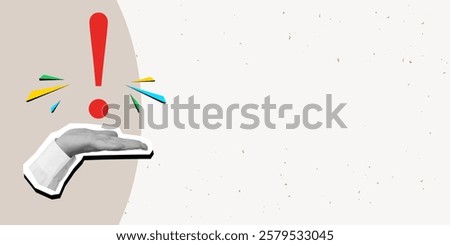 A hand holding a red exclamation point, place for text. Modern photo collage style. Vector illustration