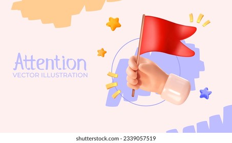 Mano con una bandera roja. En estilo 3d. Ilustración del vector