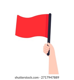 Hand, die eine rote Flagge hält. Achtung, Vorsicht, Gefahr, Alarm, Warnkonzepte. Flaches Zeichen, Vektordesign, einzelne Illustration.