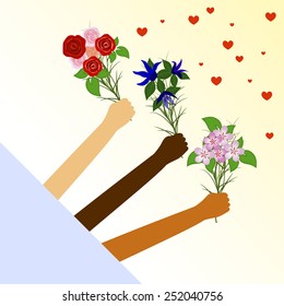 Hand holding red flowers. Vector.