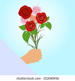 Hand holding red flowers. Vector.