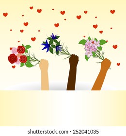 Hand holding red flowers. Vector.