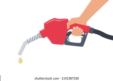 Hand Holding A Red Fuel Pump. Yellow Drop Of Oil. Gas For Automobile. Air Pollution Concept. Isolated Flat Vector Illustration