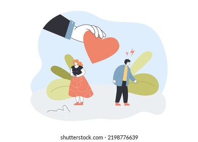 Hand holding red heart between unhappy couple in quarrel. Tiny man and woman quarreling flat vector illustration. Love, divorce, separation concept for banner, website design or landing web page