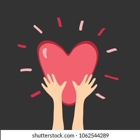 Hand holding Red Heart.
Charity symbol. Banner, logo, icon, poster. Hand drawn heart shape and human arms. Vector illustration.