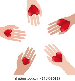 Hand Holding Red Heart. Concept of Love, Donation or Charity. Vector Illustration. 