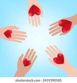 Hand Holding Red Heart. Concept of Love, Donation or Charity. Vector Illustration. 