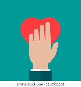 Hand holding red heart on blue background. charity, philanthropy, giving help, love concept. Flat vector illustration. 